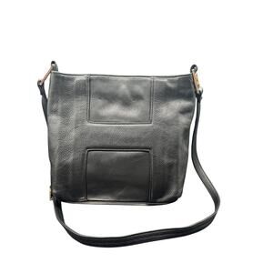 Halston Black Leather Crossbody Shoulder Bag Pebbled Leather Zip Top